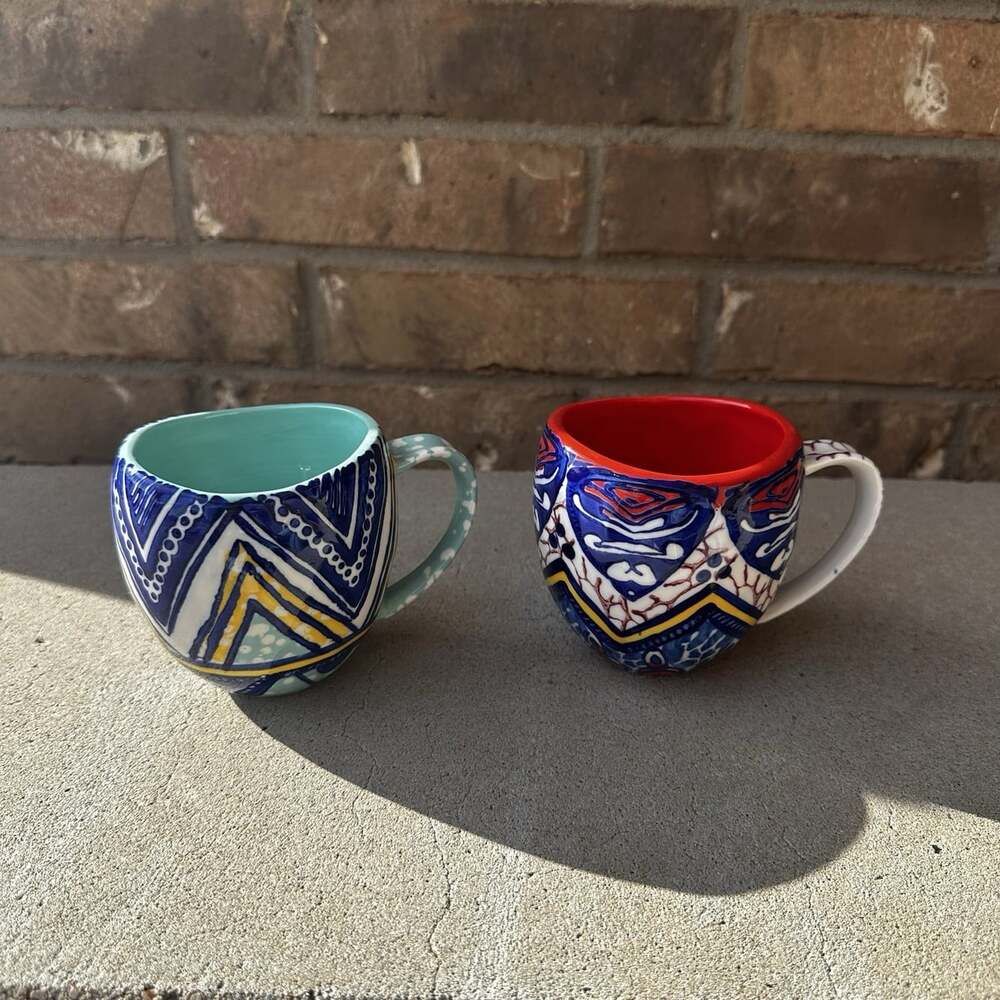 Anthropologie Habari Aztec Printed Ceramic Glossy Coffee Mug Set/2 Blue Orange